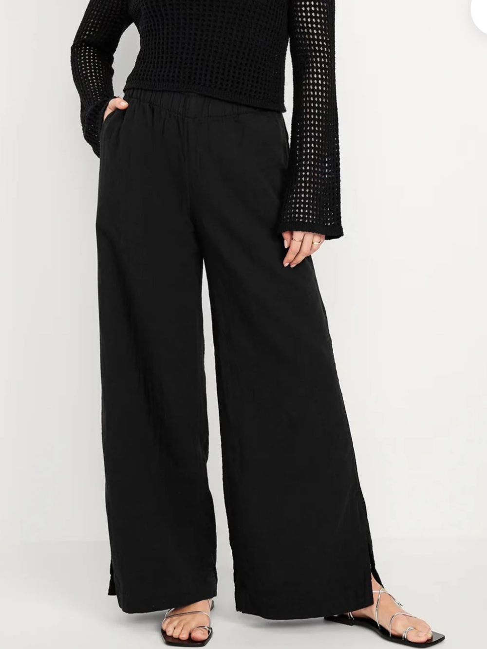 Old Navy, High-Waisted Crinkle Gauze Wide-Leg Pants, Black Jack, Small Tall